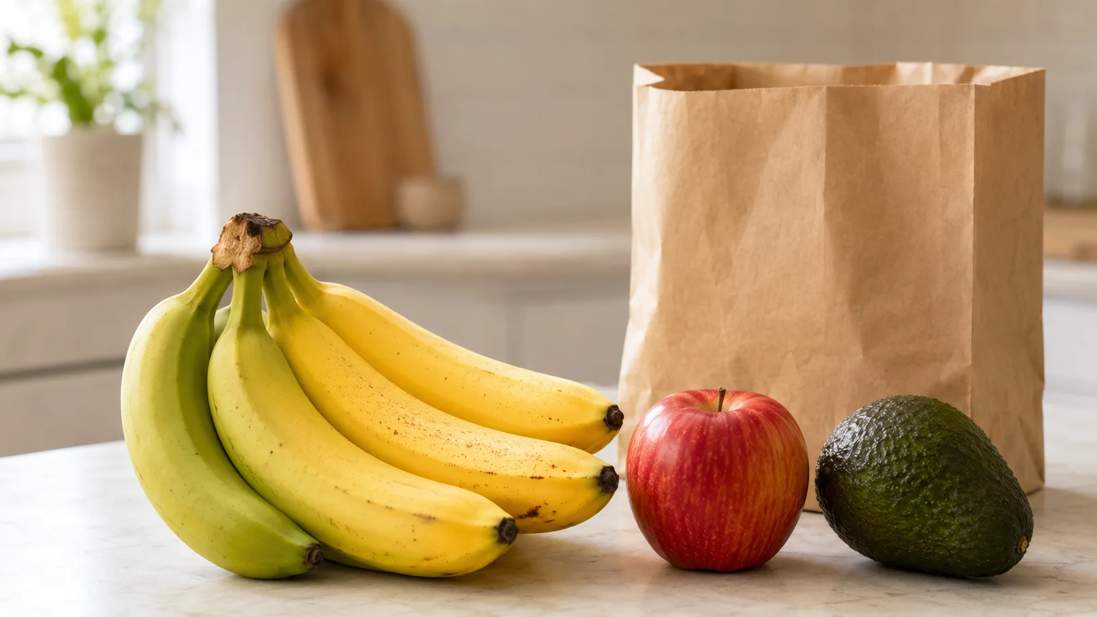 Green-to-yellow bananas beside a red apple, avocado and open brown paper bag on a bright kitchen counter.