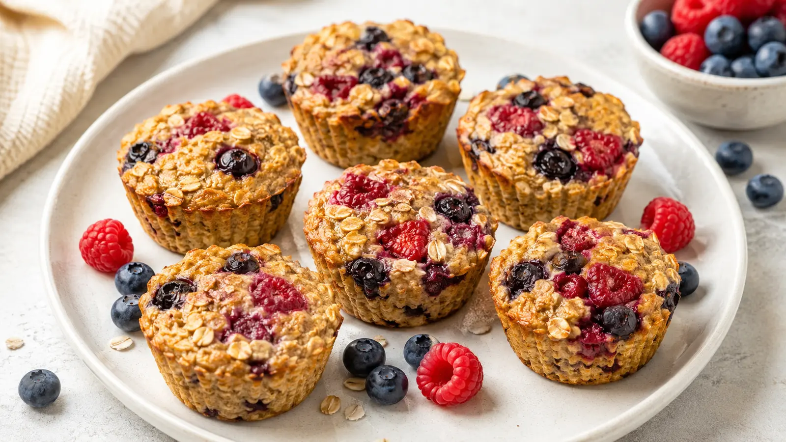 Six golden vegan baked oat cups filled with blueberries and raspberries on a pale ceramic plate.