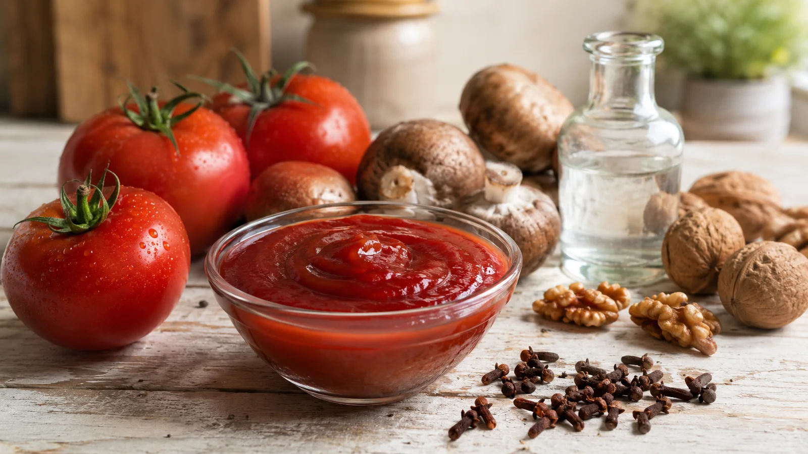 Glass bowl of tomato ketchup surrounded by ripe tomatoes, mushrooms, walnuts, cloves and an unlabelled vinegar bottle.