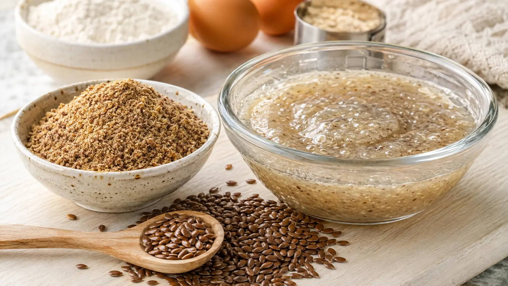 Ground flaxseed beside a glossy flax gel mixture, whole brown flax seeds and simple baking ingredients