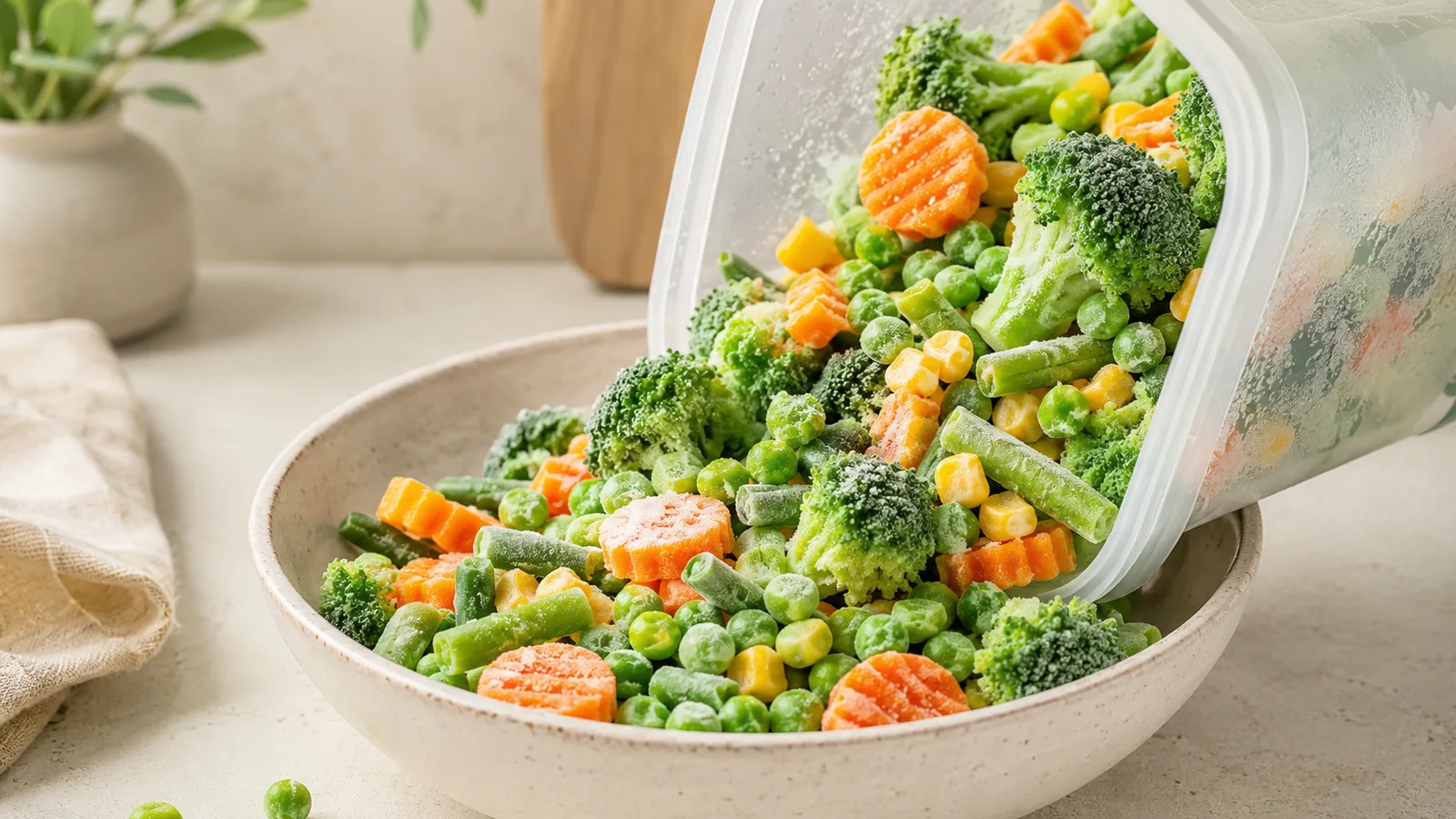 Colourful frozen broccoli, peas, corn, carrots and green beans spilling from a reusable freezer container into a ceramic bowl.