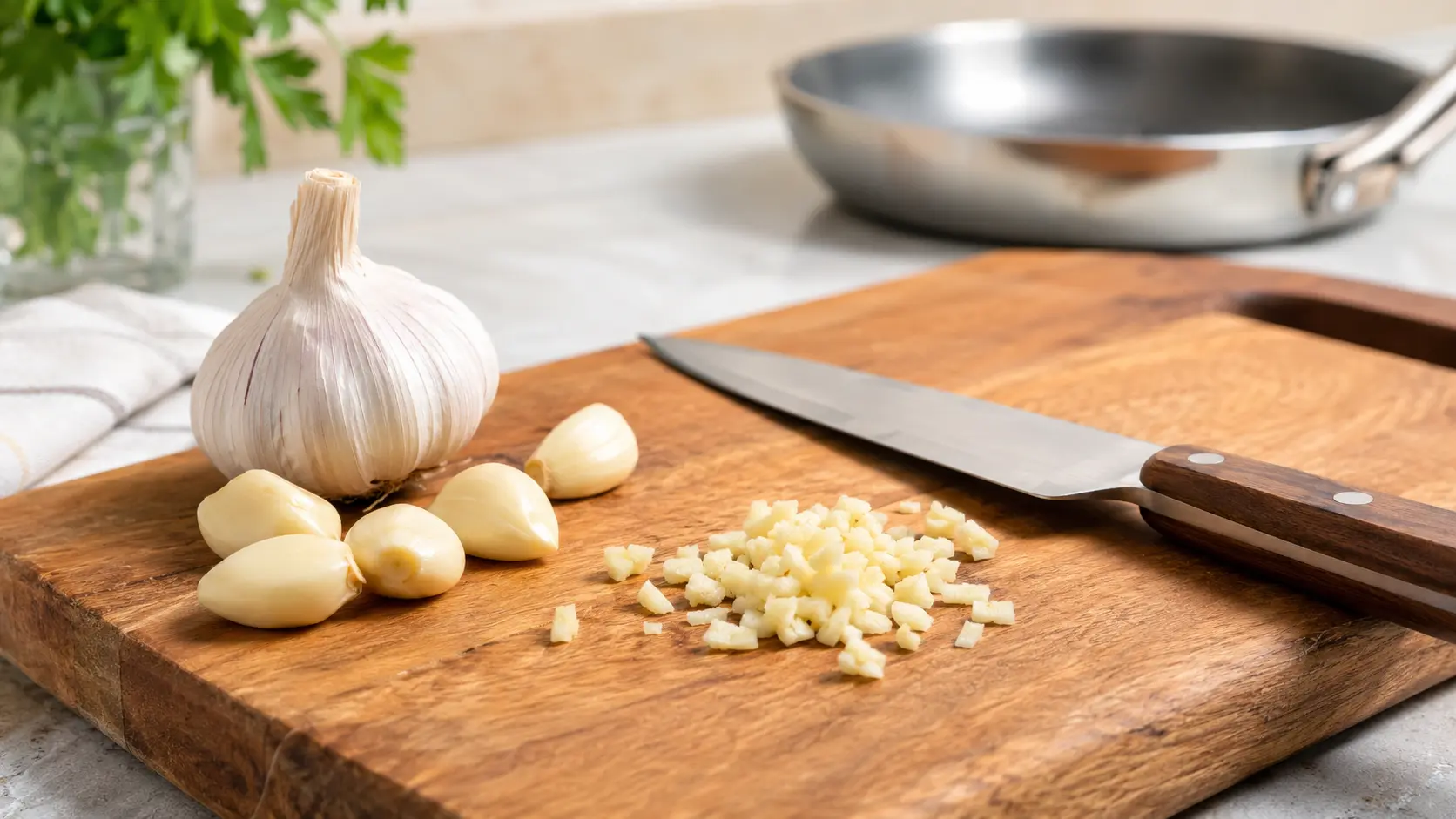 Whole, peeled and freshly chopped garlic on a wooden cutting board with a safely placed kitchen knife