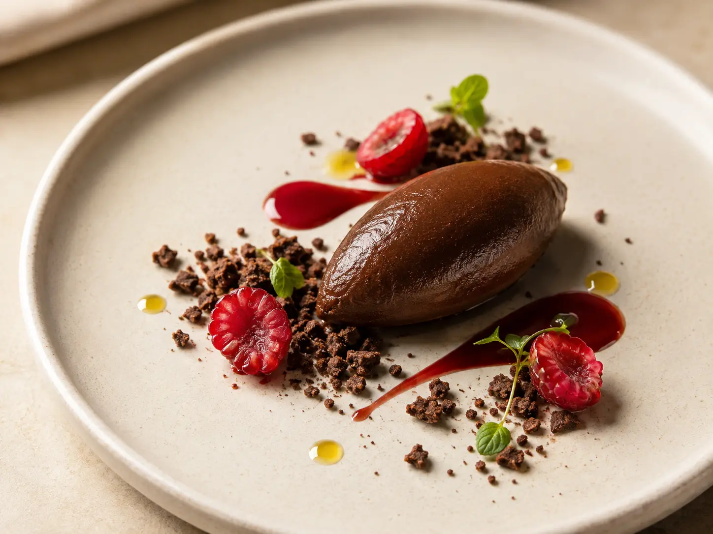 Dark chocolate silk dessert plated with raspberry gel, cocoa crumble and olive oil