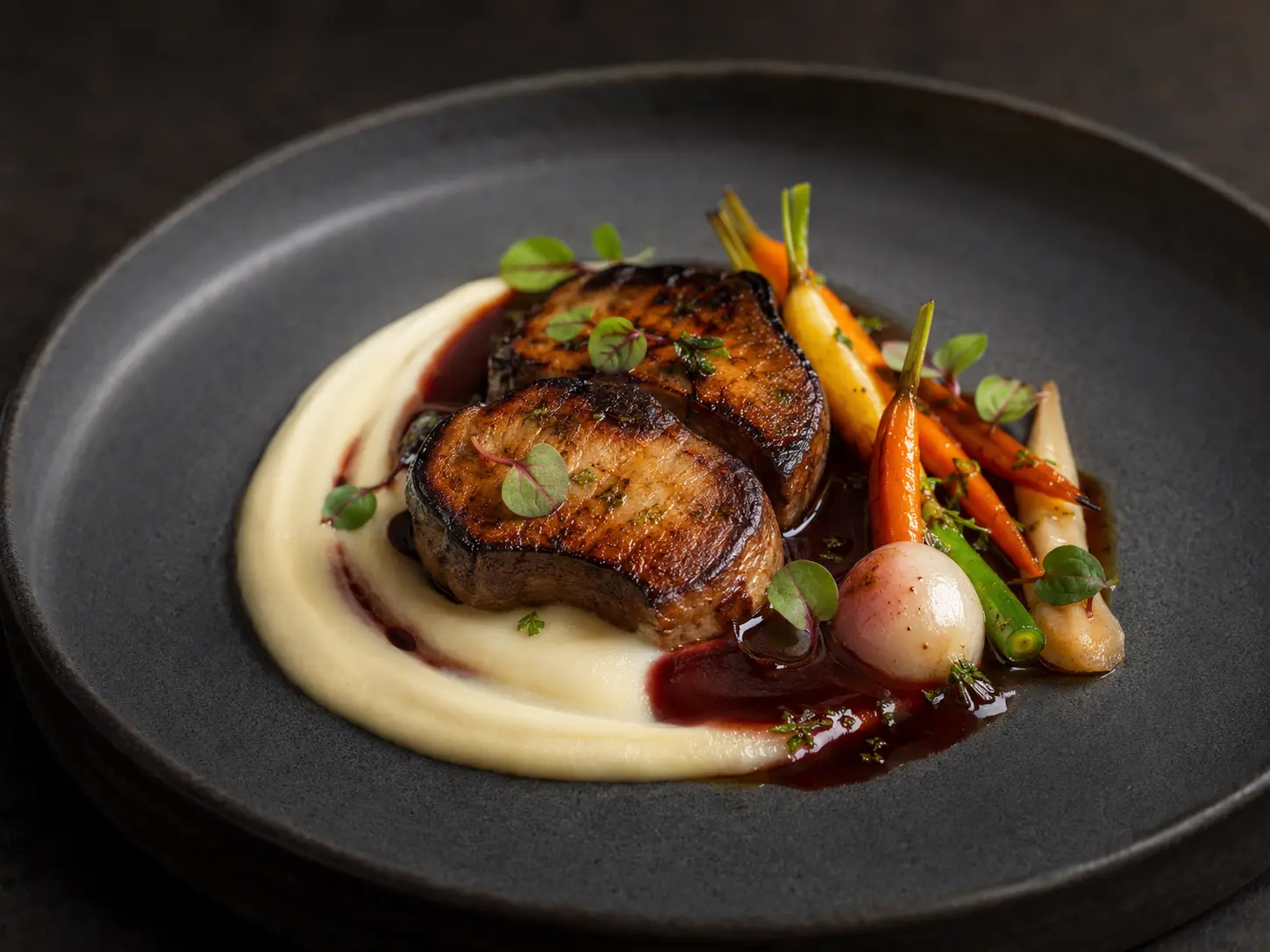 Charred king oyster mushroom plated with parsnip purée, shallot jus and baby vegetables