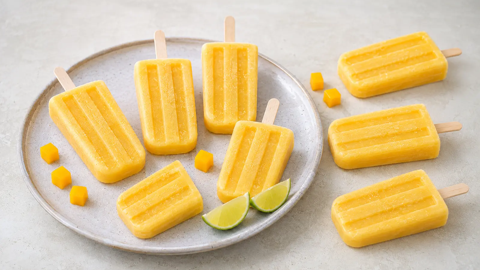 Eight frosty golden mango and coconut freezer pops with mango cubes and lime wedges on a pale ceramic plate.