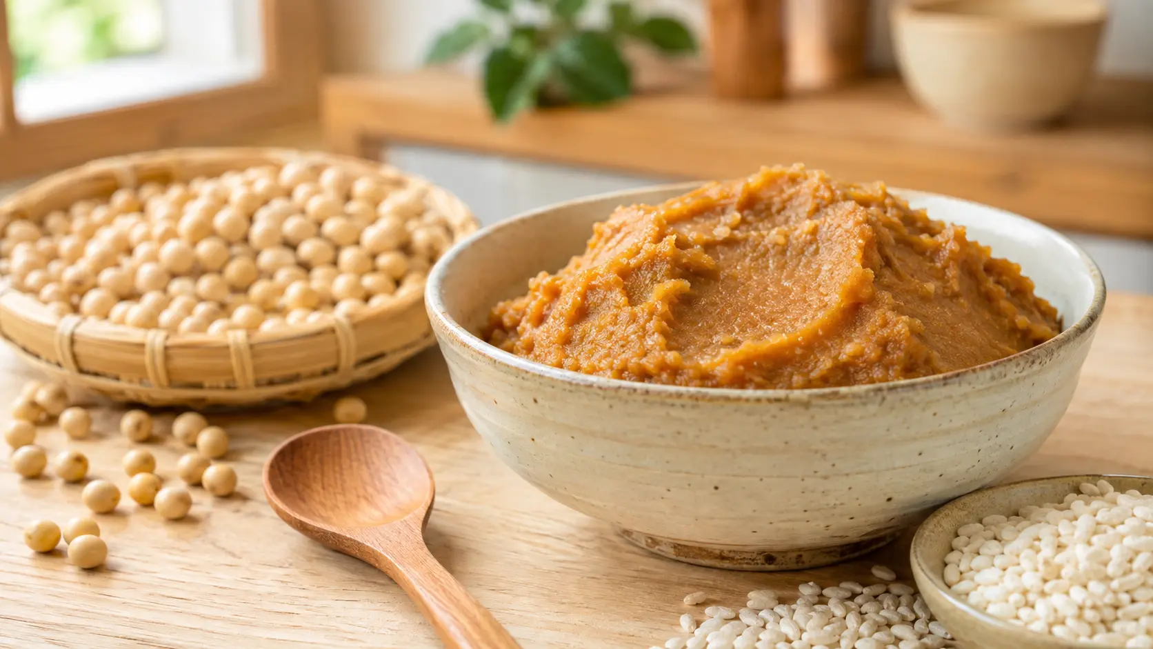Golden-brown miso paste with soybeans, rice koji grains and a wooden spoon on a warm kitchen surface