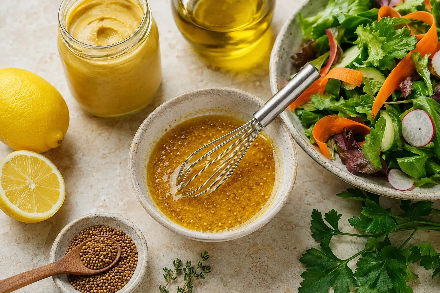 Dijon mustard vinaigrette being whisked beside a fresh vegan salad, olive oil, lemon and mustard seeds