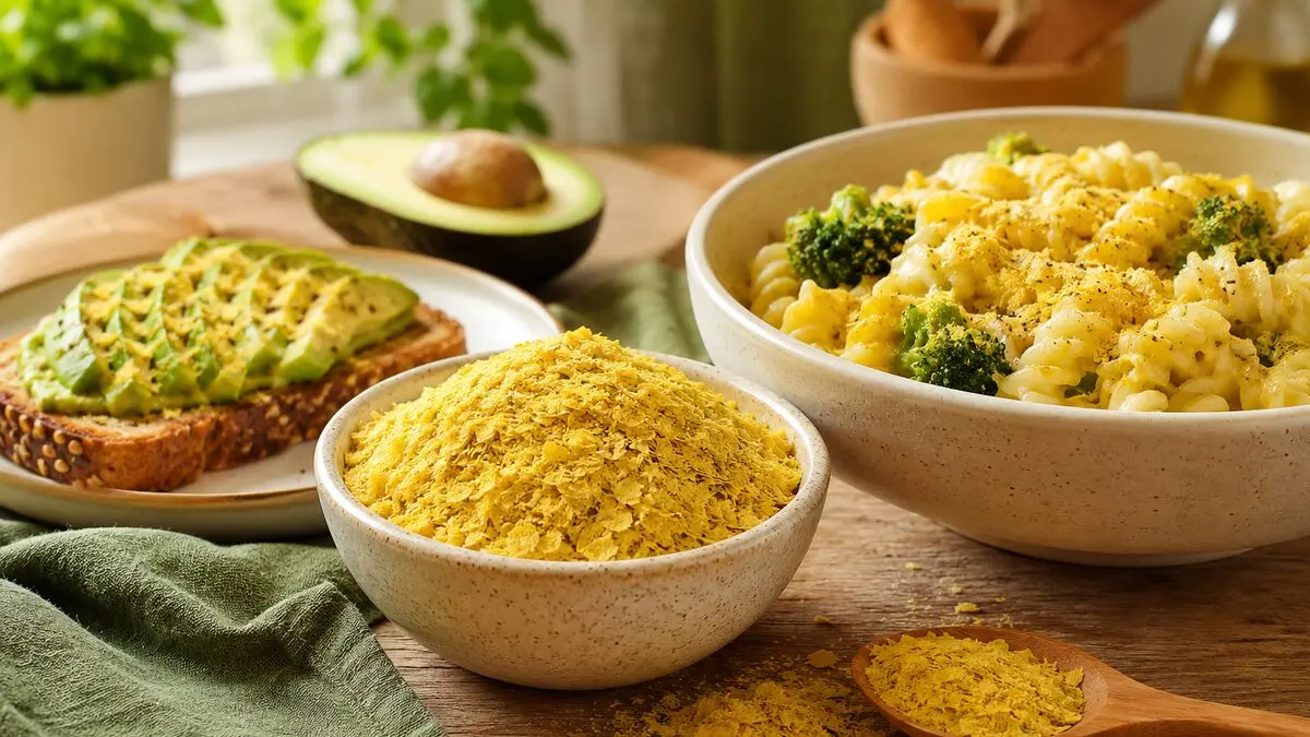 Golden nutritional yeast flakes in a ceramic bowl beside creamy vegan pasta and avocado toast in a sunlit kitchen