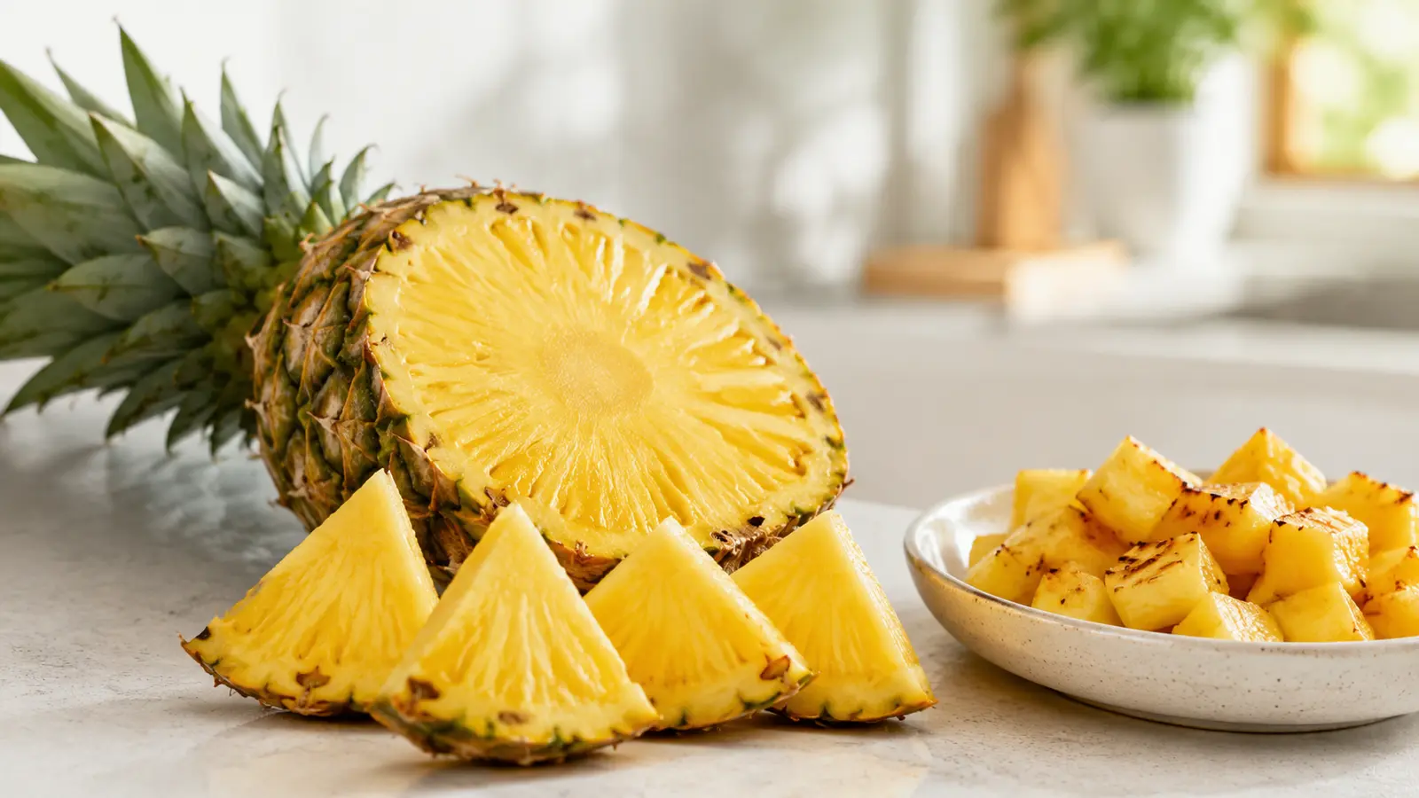 Fresh pineapple wedges and a halved pineapple beside a small bowl of lightly cooked pineapple in a bright kitchen.