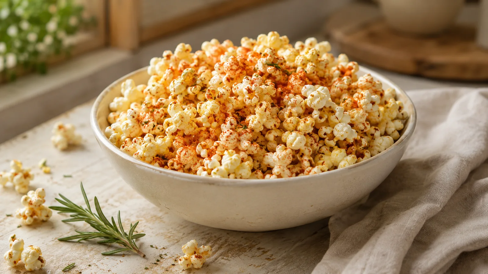 Bowl of vegan smoky rosemary stovetop popcorn dusted with paprika and herbs on a rustic table.