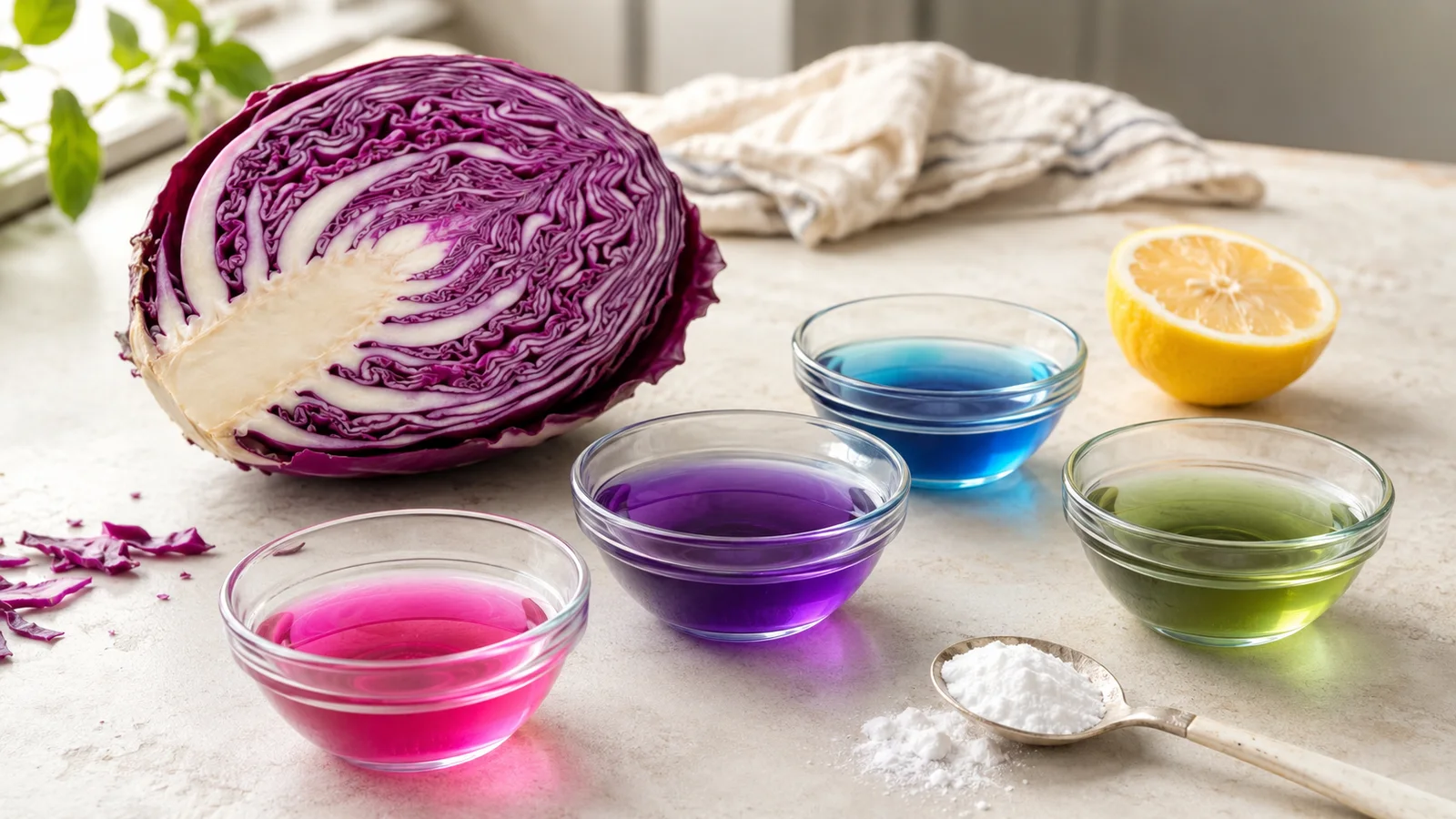 Halved red cabbage beside four glass bowls of pink, purple, blue and green cabbage indicator liquid with lemon and baking soda.