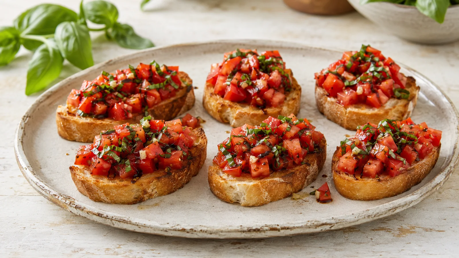 Vegan tomato-basil bruschetta on golden baguette slices arranged on a rustic ceramic platter.