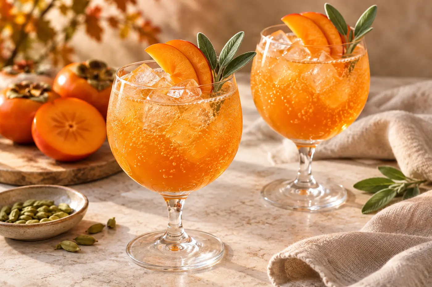Two sparkling amber persimmon-cardamom mocktails in stemmed goblets with pebble ice, persimmon fans and sage sprigs
