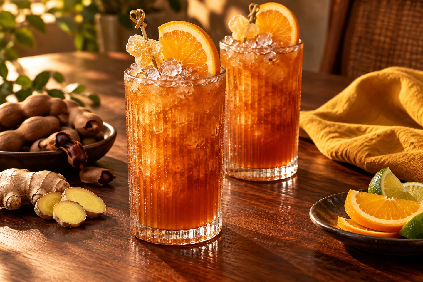 Two amber tamarind and ginger swizzles in ribbed Collins glasses with crushed ice, orange and vegan crystallized ginger.