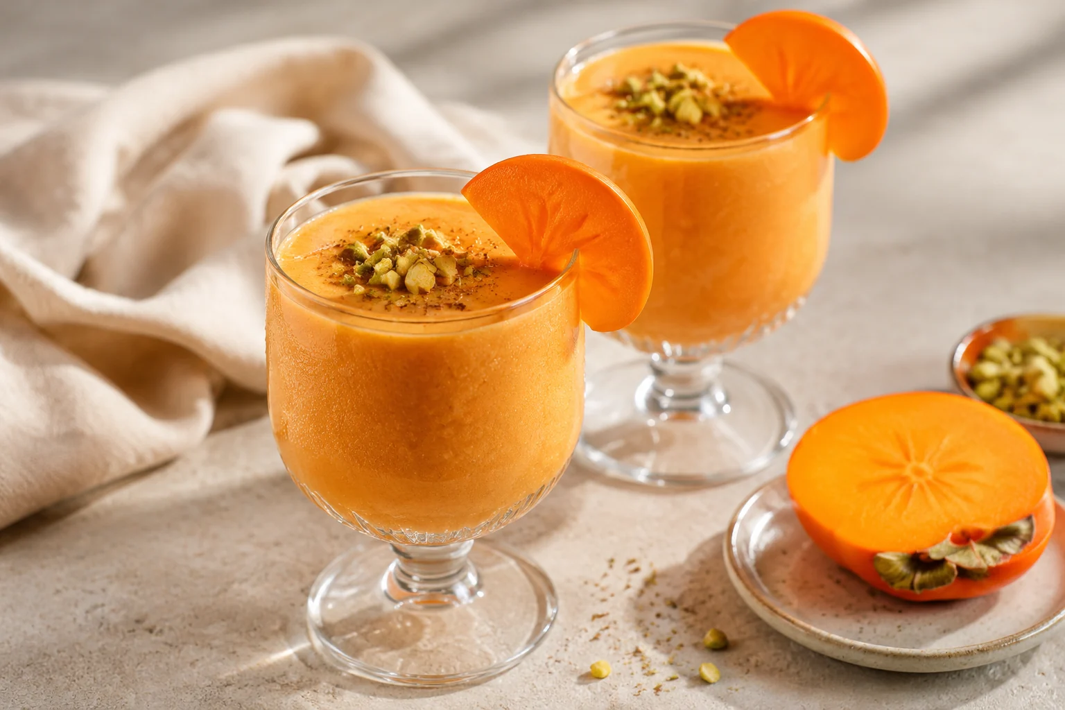 Amber persimmon cardamom vegan lassi in chilled footed goblets with pistachio and fresh persimmon garnish