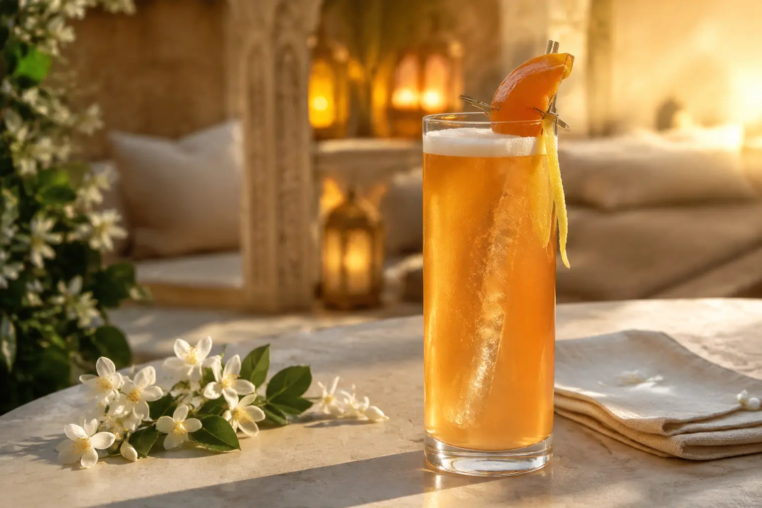 Alcohol-free apricot jasmine tea cooler in a tall Collins glass with bubbles, dried apricot and lemon peel