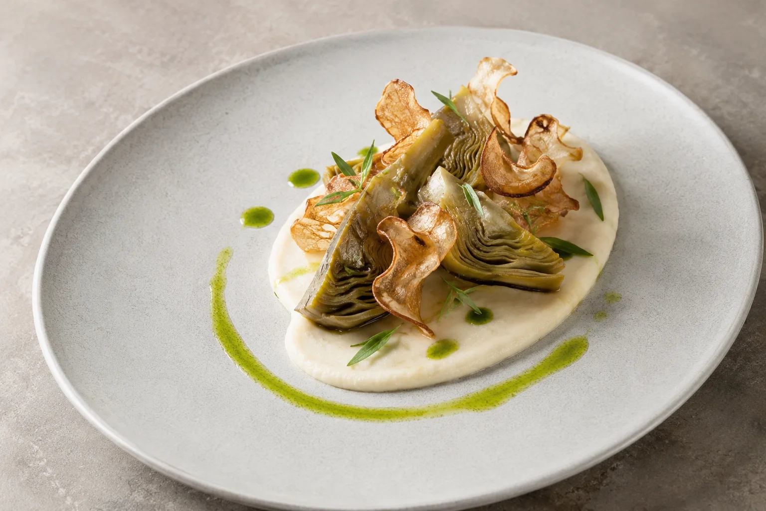 Fine-dining artichoke barigoule over white bean mousseline with crisp sunchoke ribbons and green tarragon oil