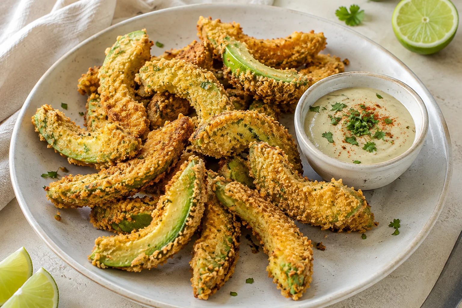 Crispy baked vegan avocado fries with smoky lime dipping sauce, cilantro and fresh lime