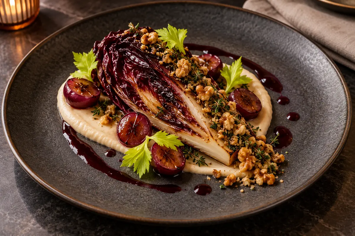 Balsamic-braised radicchio over white bean purée with charred grape jus and walnut-thyme crumb on a dark stoneware plate