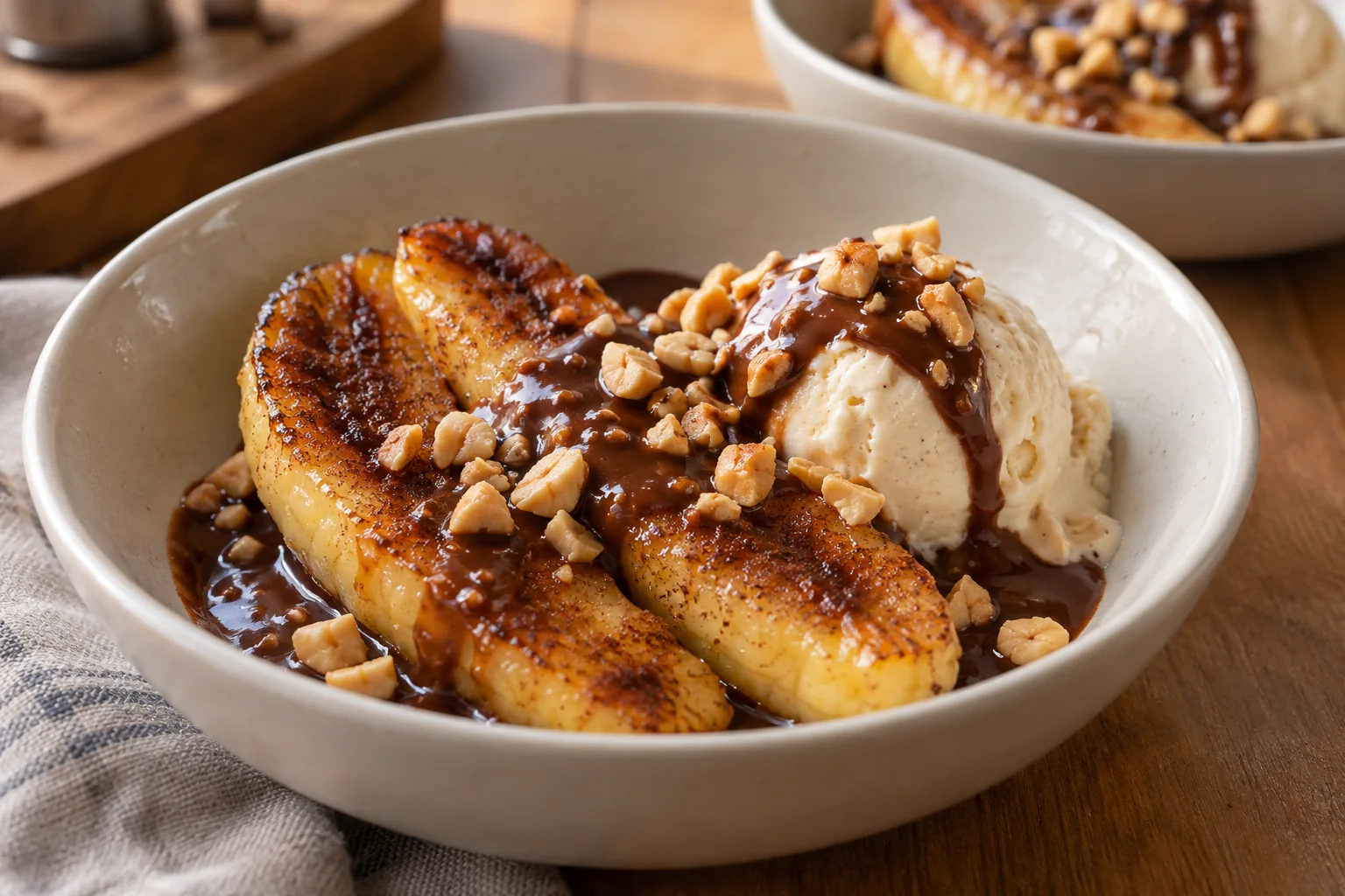 Golden pan-seared banana halves with vegan vanilla ice cream, dark cocoa-peanut sauce and chopped roasted peanuts in a shallow ivory bowl.
