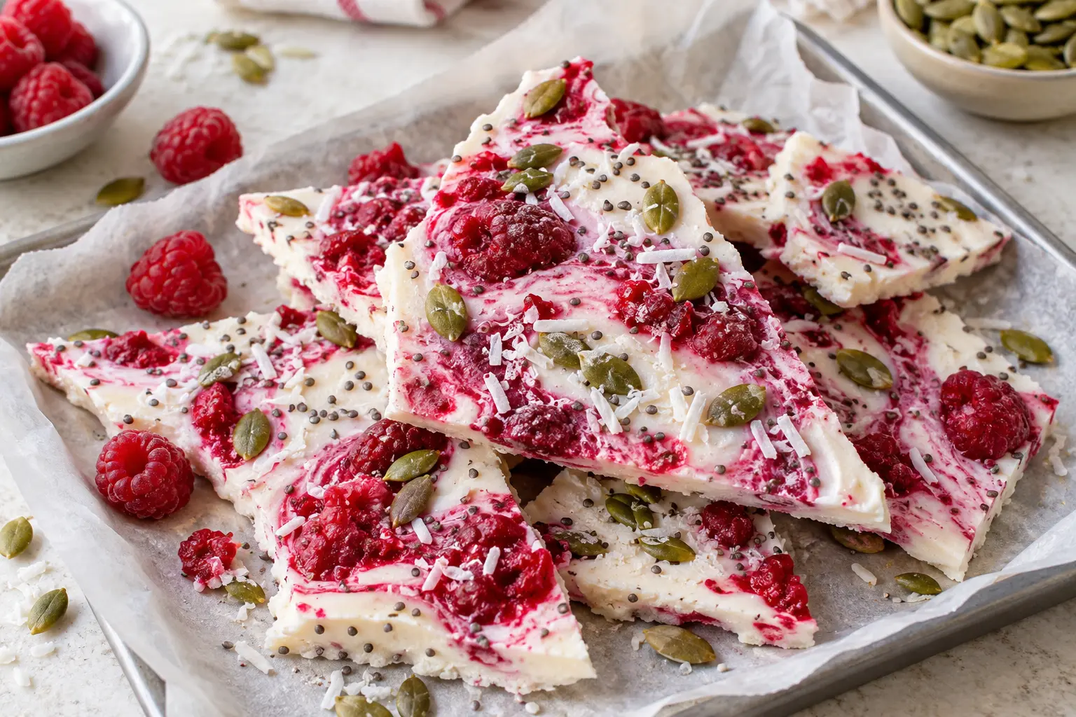 Vegan raspberry-chia yogurt bark broken into frozen pieces and topped with raspberries, pumpkin seeds and shredded coconut