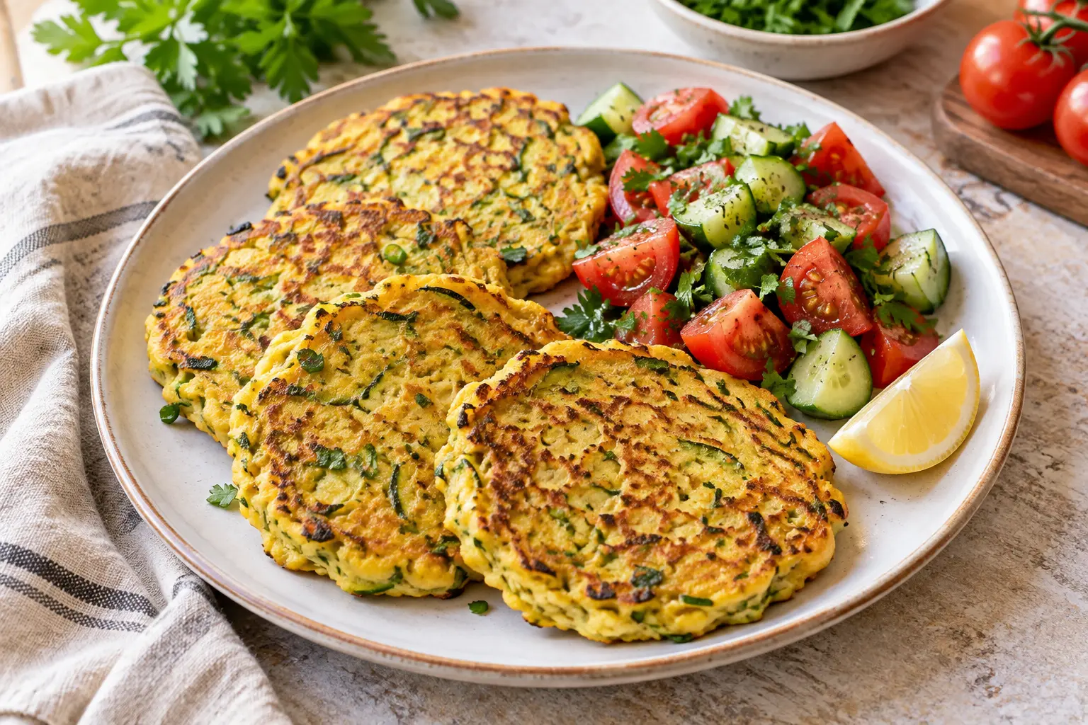 Golden vegan zucchini chickpea breakfast pancakes served with fresh tomato cucumber parsley salad and a lemon wedge