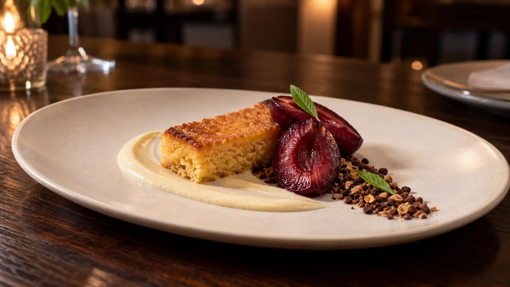 Bay-poached purple plums with golden vegan cornmeal cake, vanilla oat custard and cocoa nib crunch on an ivory plate