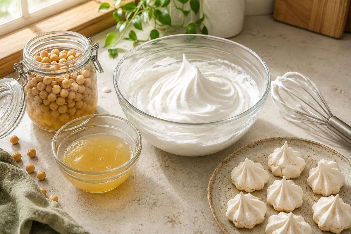 Chickpeas, golden aquafaba liquid, whipped aquafaba and vegan meringue kisses on a bright kitchen counter