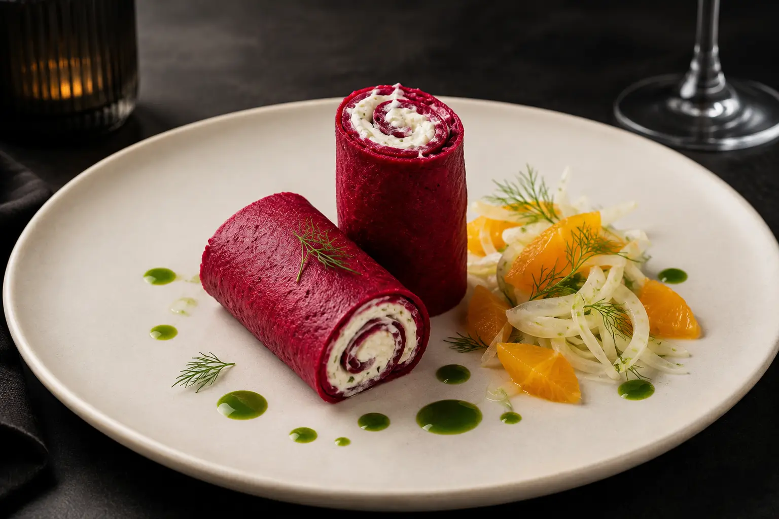 Ruby beetroot buckwheat crêpe roulades filled with vegan almond ricotta beside orange fennel salad and dill oil