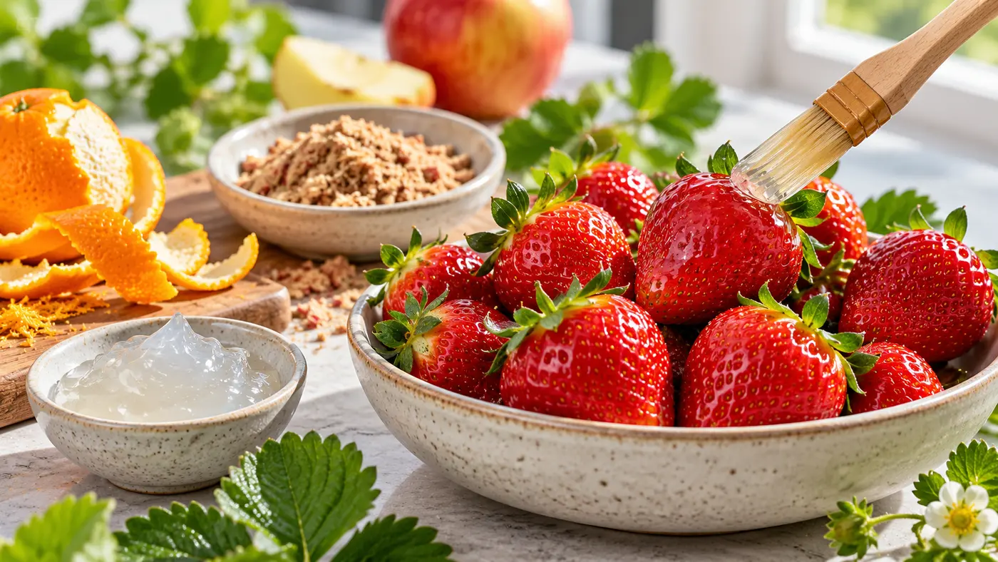 Fresh strawberries being brushed with a glossy edible coating beside orange peel, apple pomace, and a small bowl of alginate gel