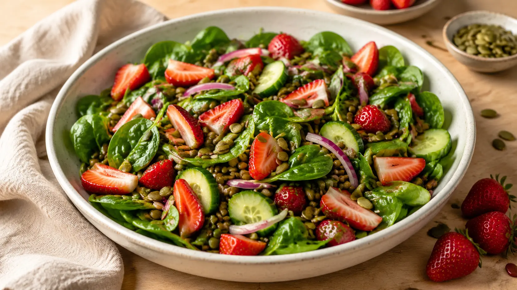 Vegan strawberry lentil spinach salad with cucumber, red onion and pumpkin seeds