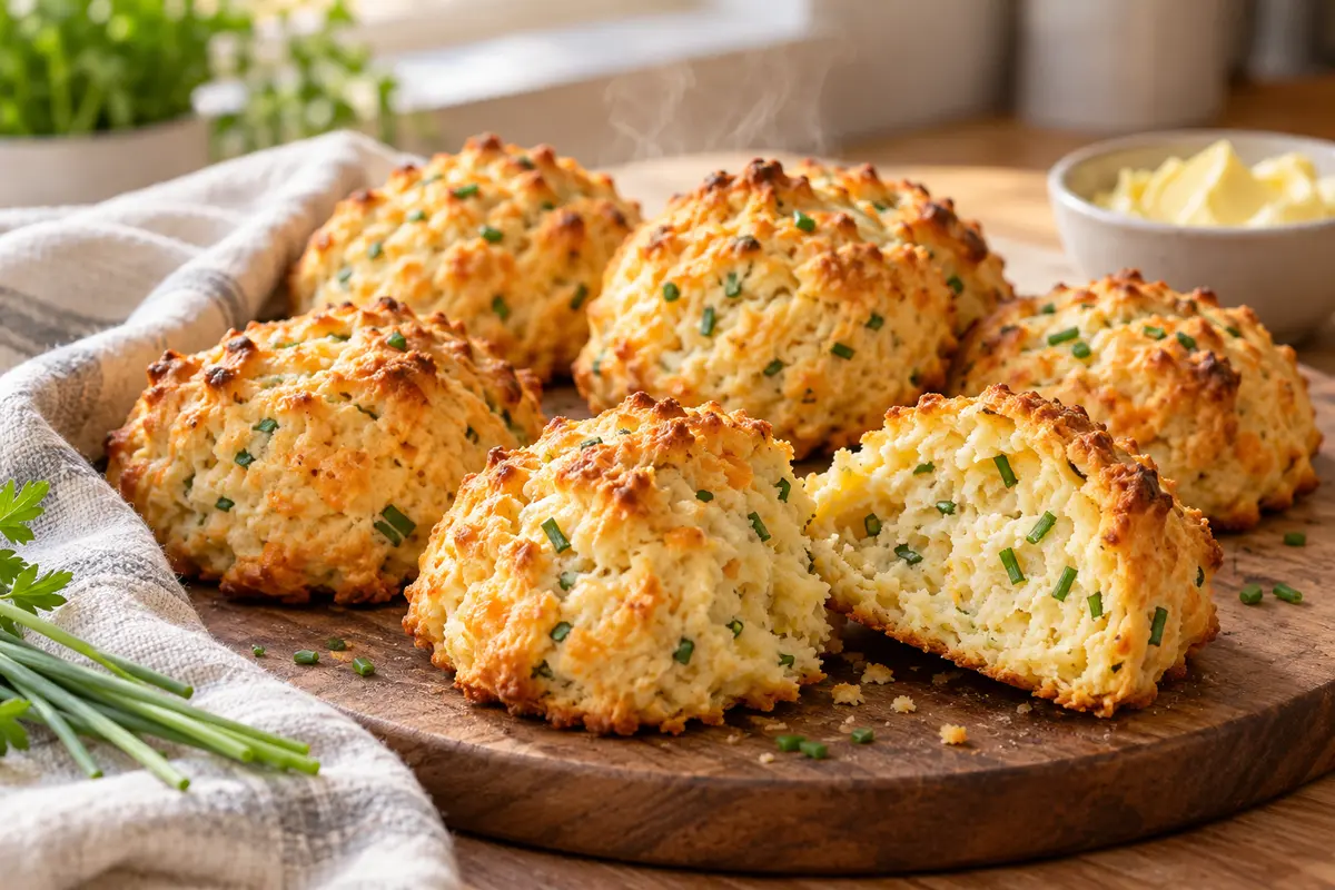 Golden vegan cheddar-chive drop biscuits with craggy tops and a tender split centre on a wooden board