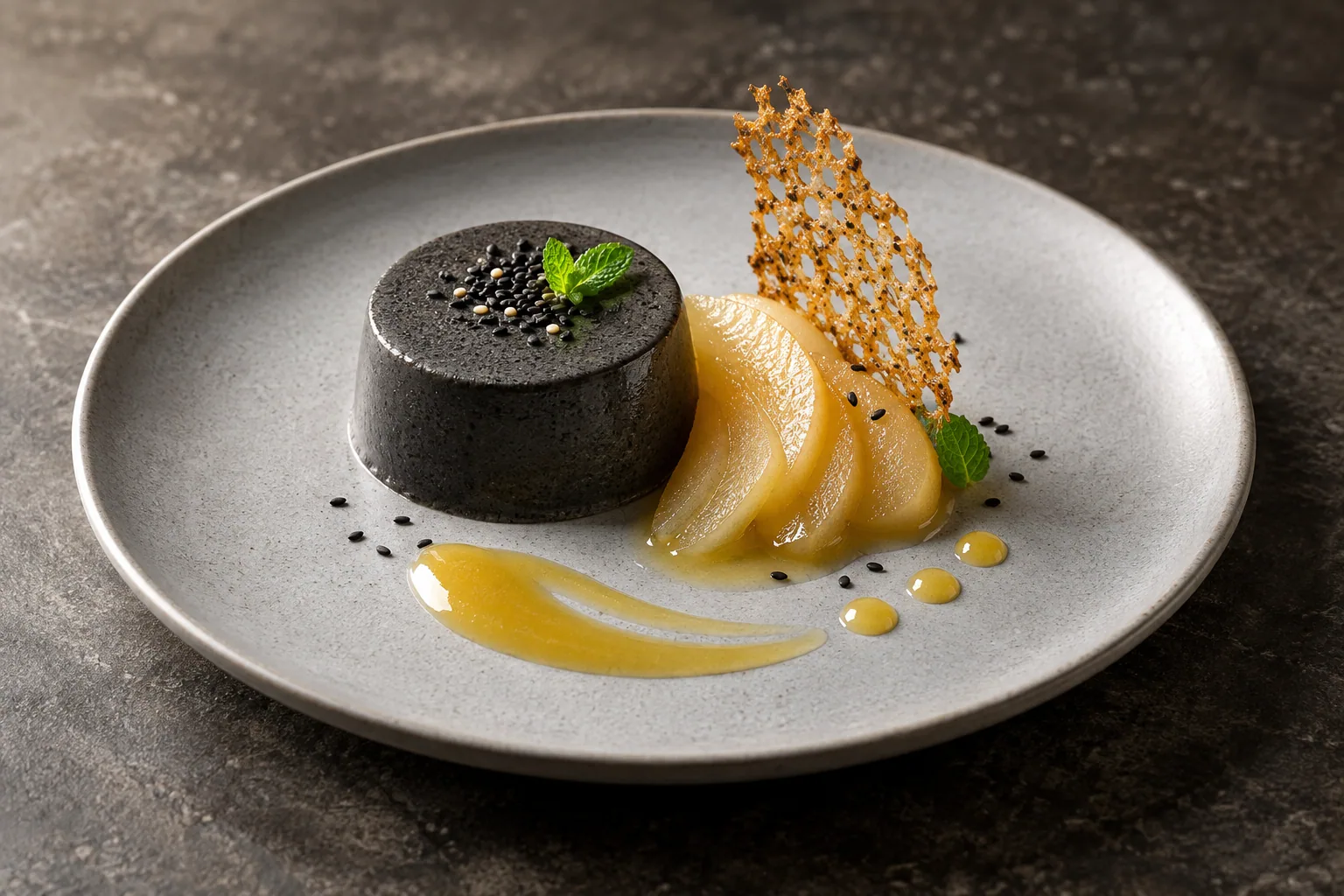 Vegan black sesame panna cotta with yuzu-poached pear, ginger lace and pear-yuzu sauce