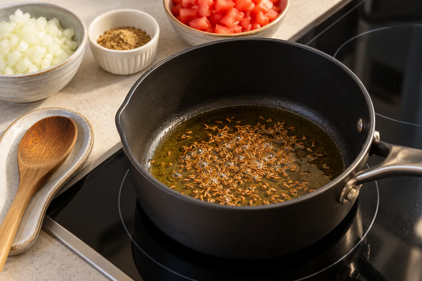 Whole cumin seeds gently sizzling in a shallow layer of vegetable oil, with chopped onion, ground coriander and prepared tomatoes beside the hob.