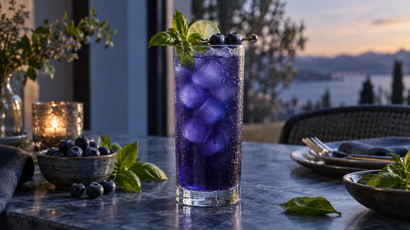 Deep indigo roasted-blueberry and basil mocktail over pebble ice in a chilled Collins glass with lime and fresh blueberries