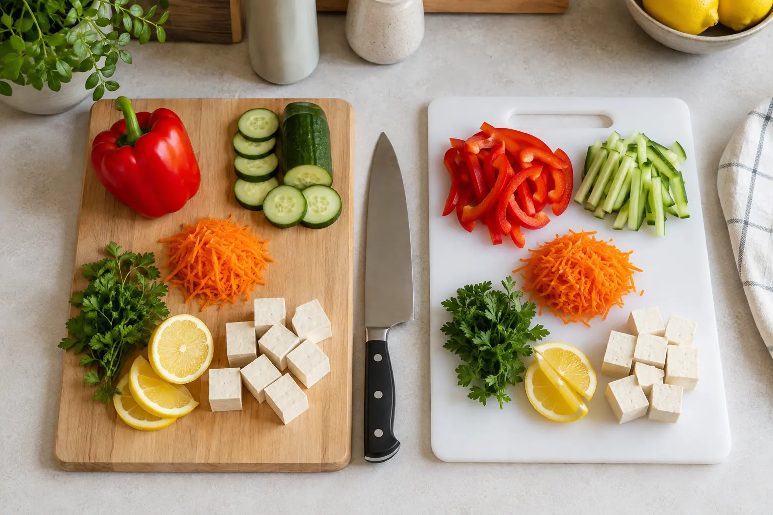 Overhead comparison of a wooden cutting board and a white plastic cutting board with colourful vegetables, tofu and a chef’s knife in a bright kitchen