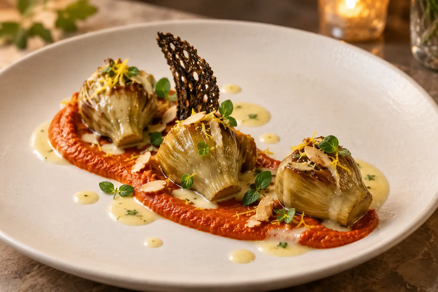 Braised baby artichokes plated over red pepper almond romesco with white grape sauce, olive crisp and marjoram