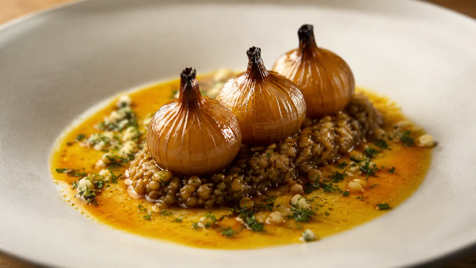 Glossy braised cipollini onions plated over smoked barley with vivid carrot saffron jus and pine nut parsley gremolata