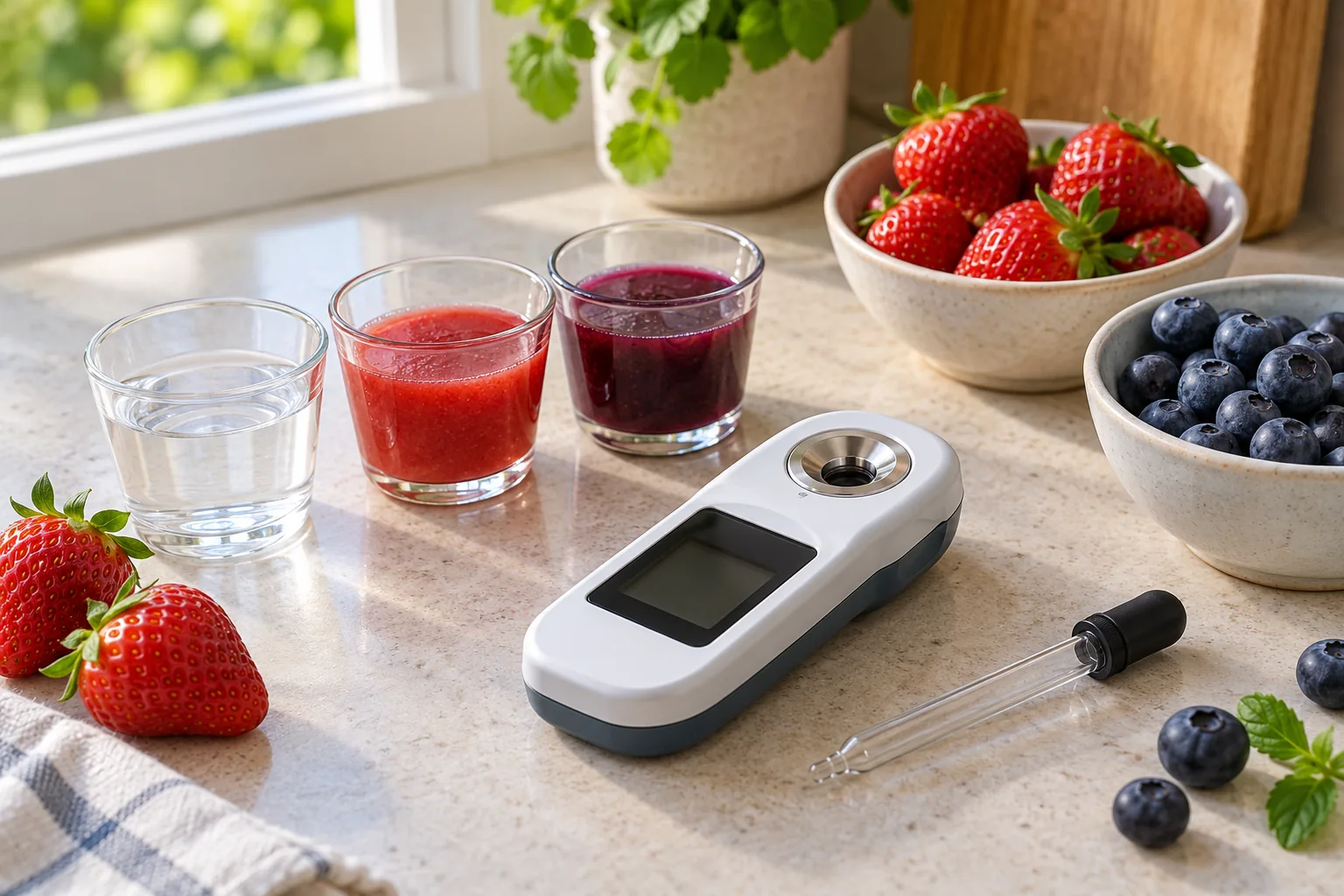An unbranded pocket refractometer beside a glass dropper, clear water, strawberry and blueberry samples, and fresh berries on a clean kitchen worktop.