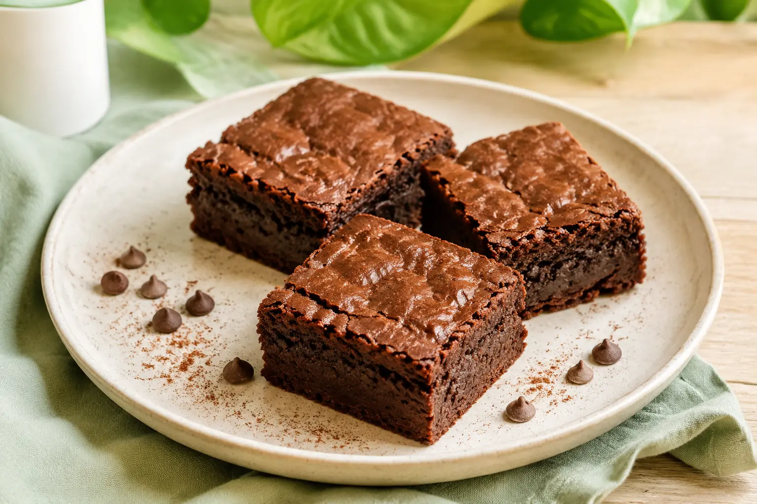 Fudgy vegan black bean brownies with crackled chocolate tops and dark chocolate chips on a cream ceramic plate