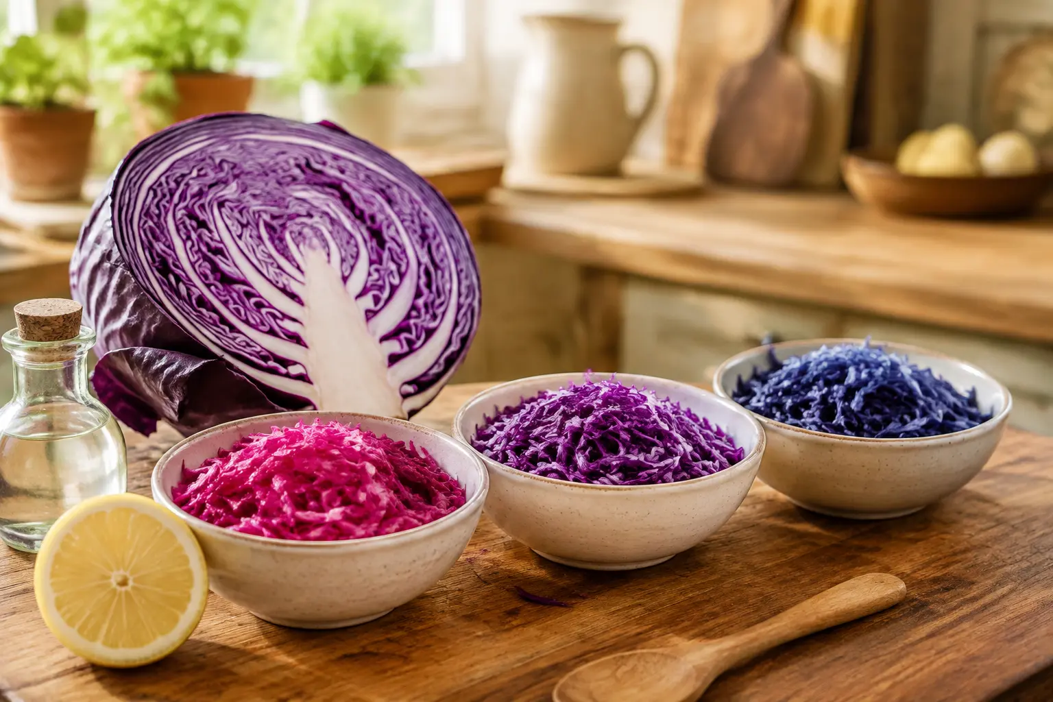 Cut red cabbage beside bowls of shredded cabbage changing from pink to purple and blue after different kitchen ingredients are added