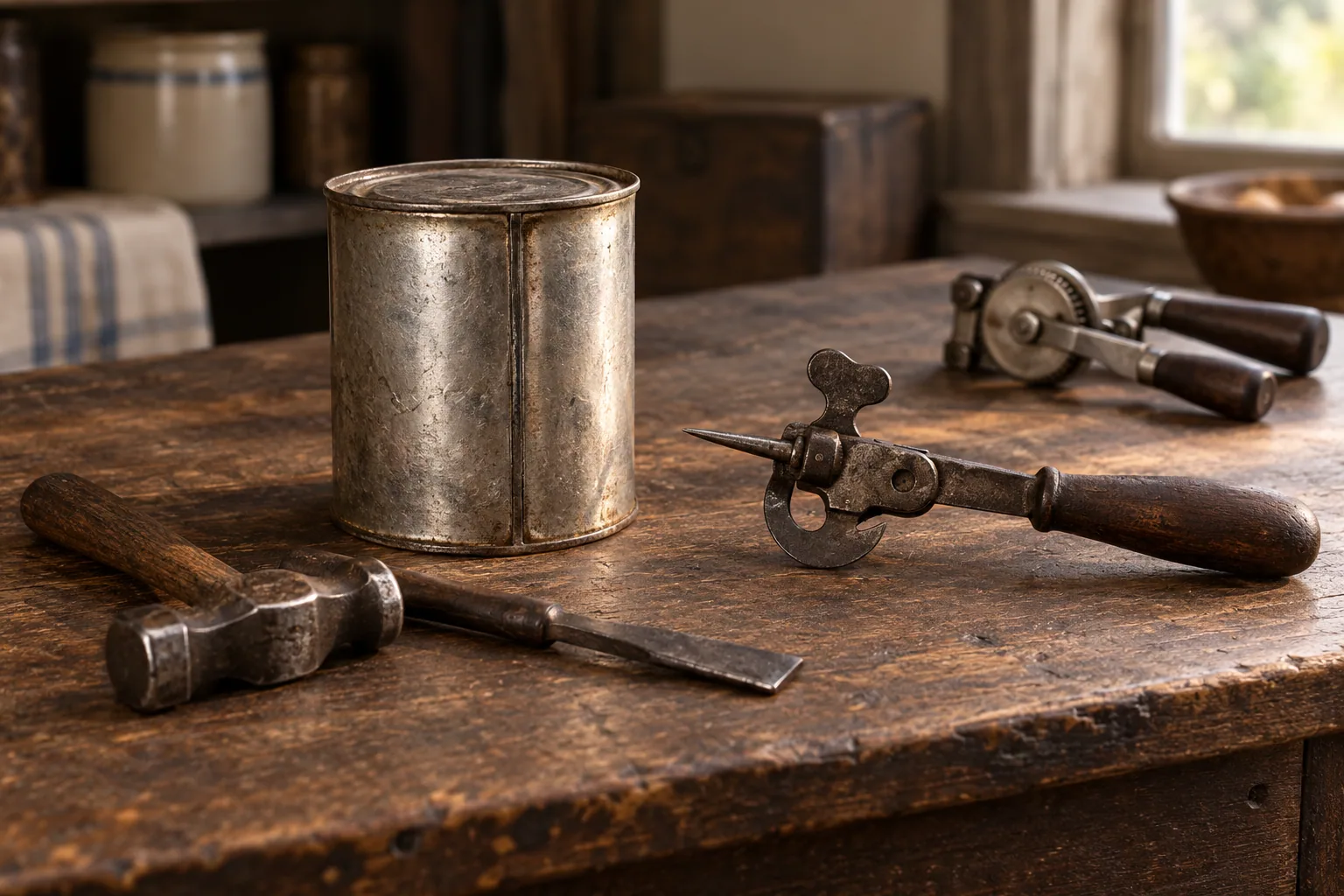 Vintage tin cans beside early hand-operated can openers illustrating the history of canned food