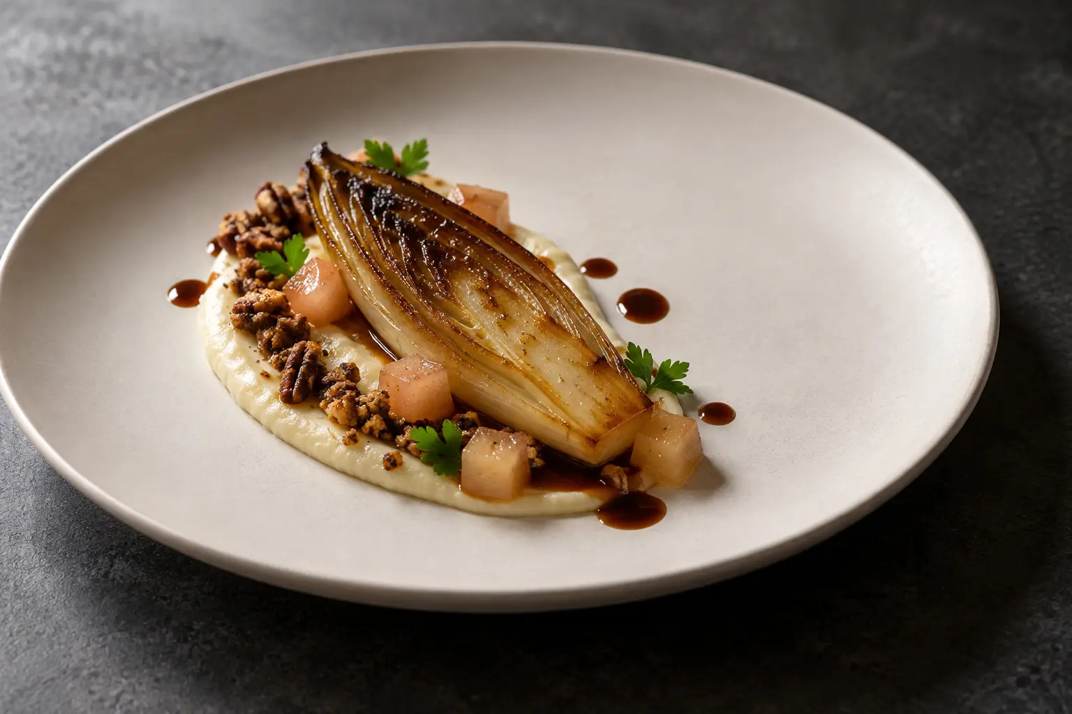 Caramelized Belgian endive with quince, parsley root cream, chicory jus and pecan crumb on a white fine-dining plate