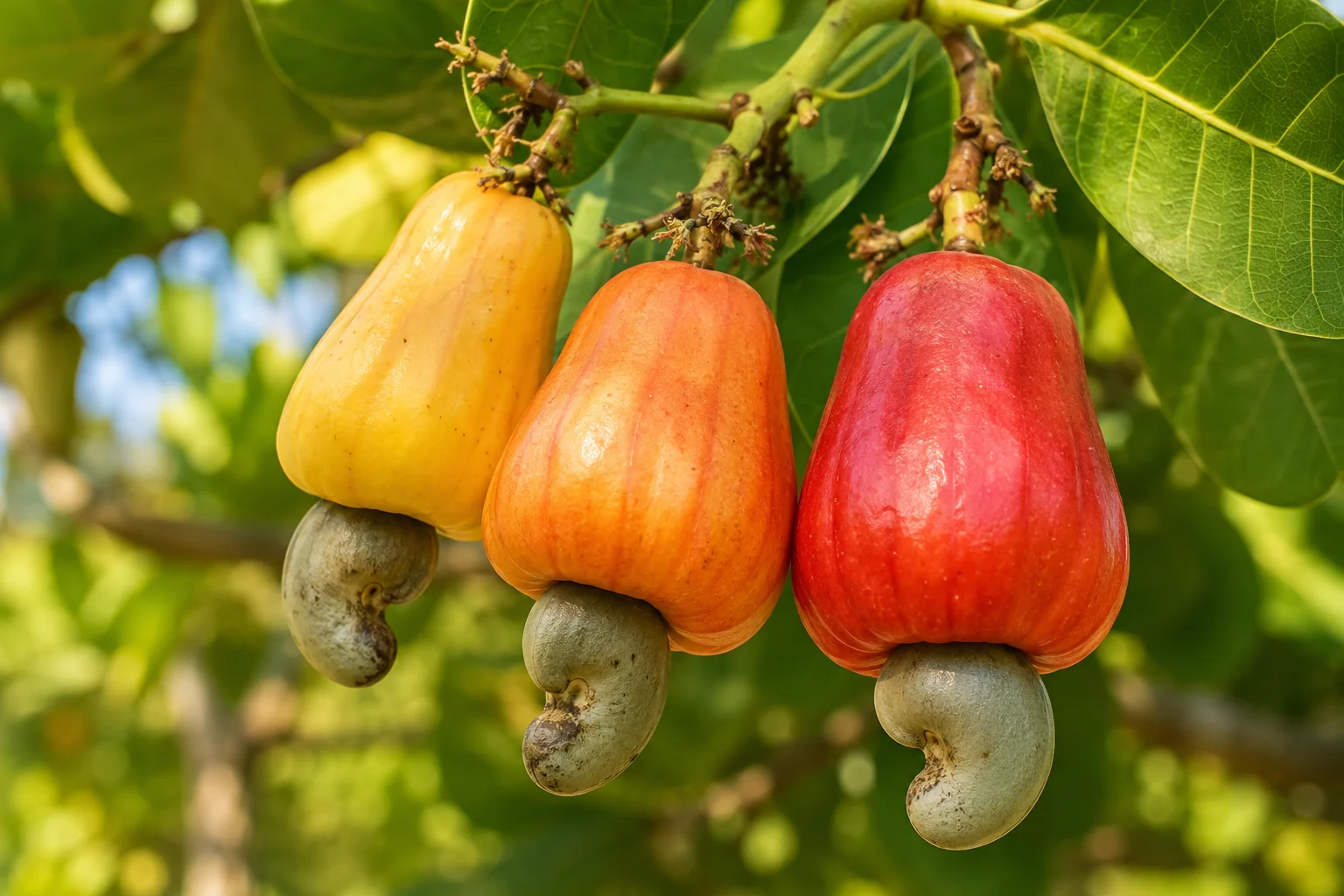 Yellow, orange and red cashew apples growing on a tree with one kidney-shaped cashew shell hanging beneath each fruit