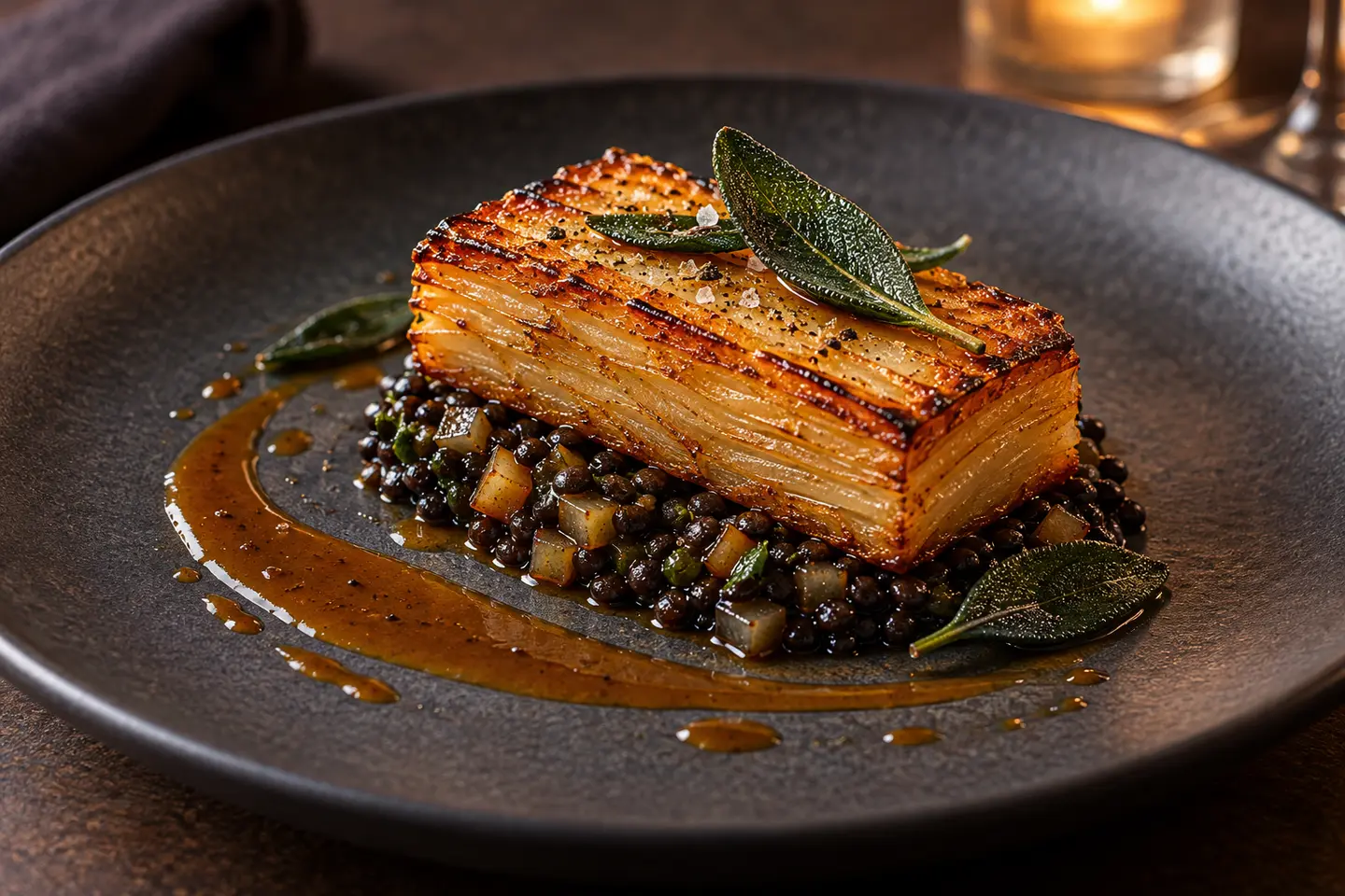 Golden layered celeriac pavé over glossy black lentil ragout with apple gastrique and crisp sage on a charcoal plate