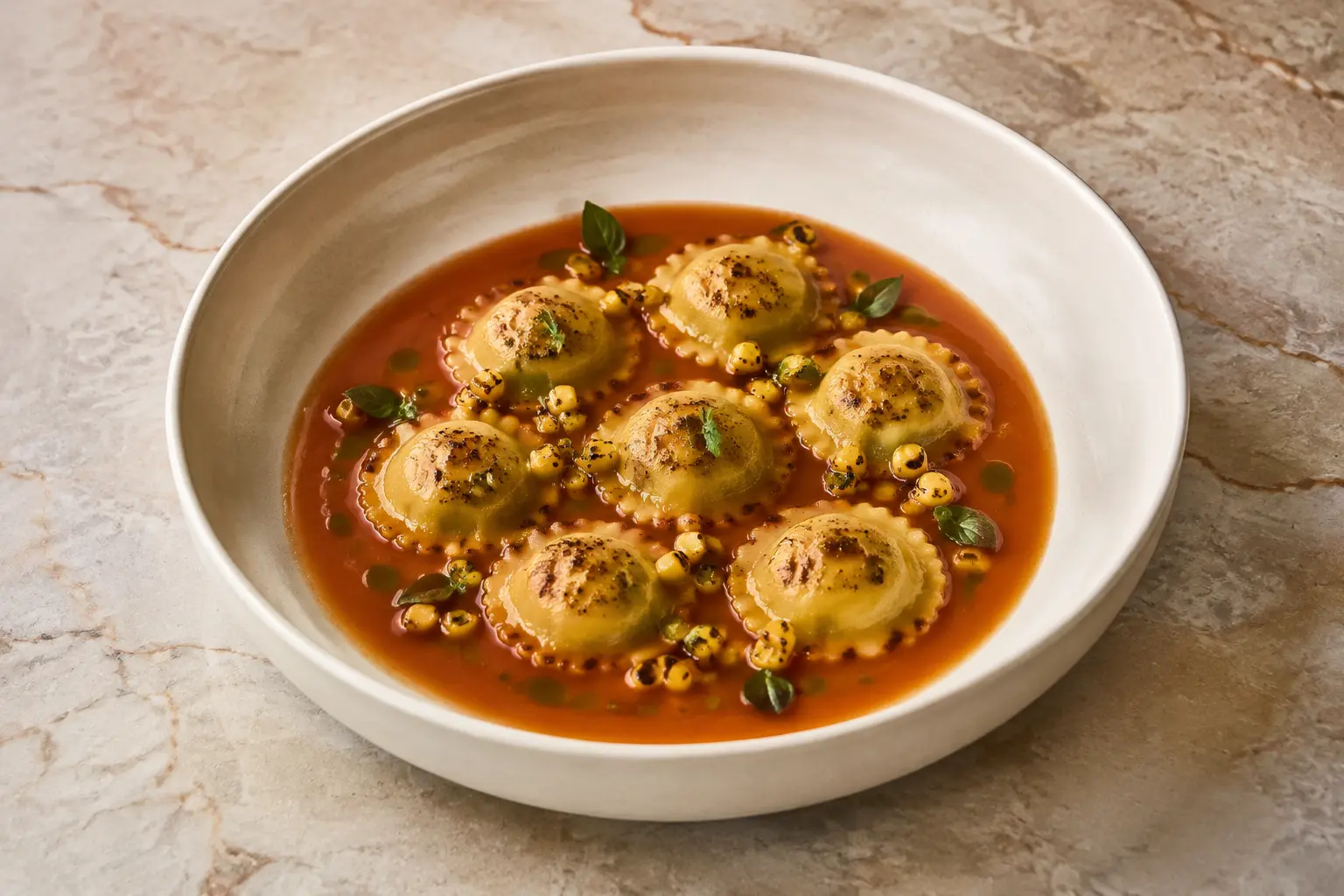 Charred corn agnolotti in smoked tomato broth with basil oil droplets, crisp corn kernels and tiny basil leaves in an ivory bowl