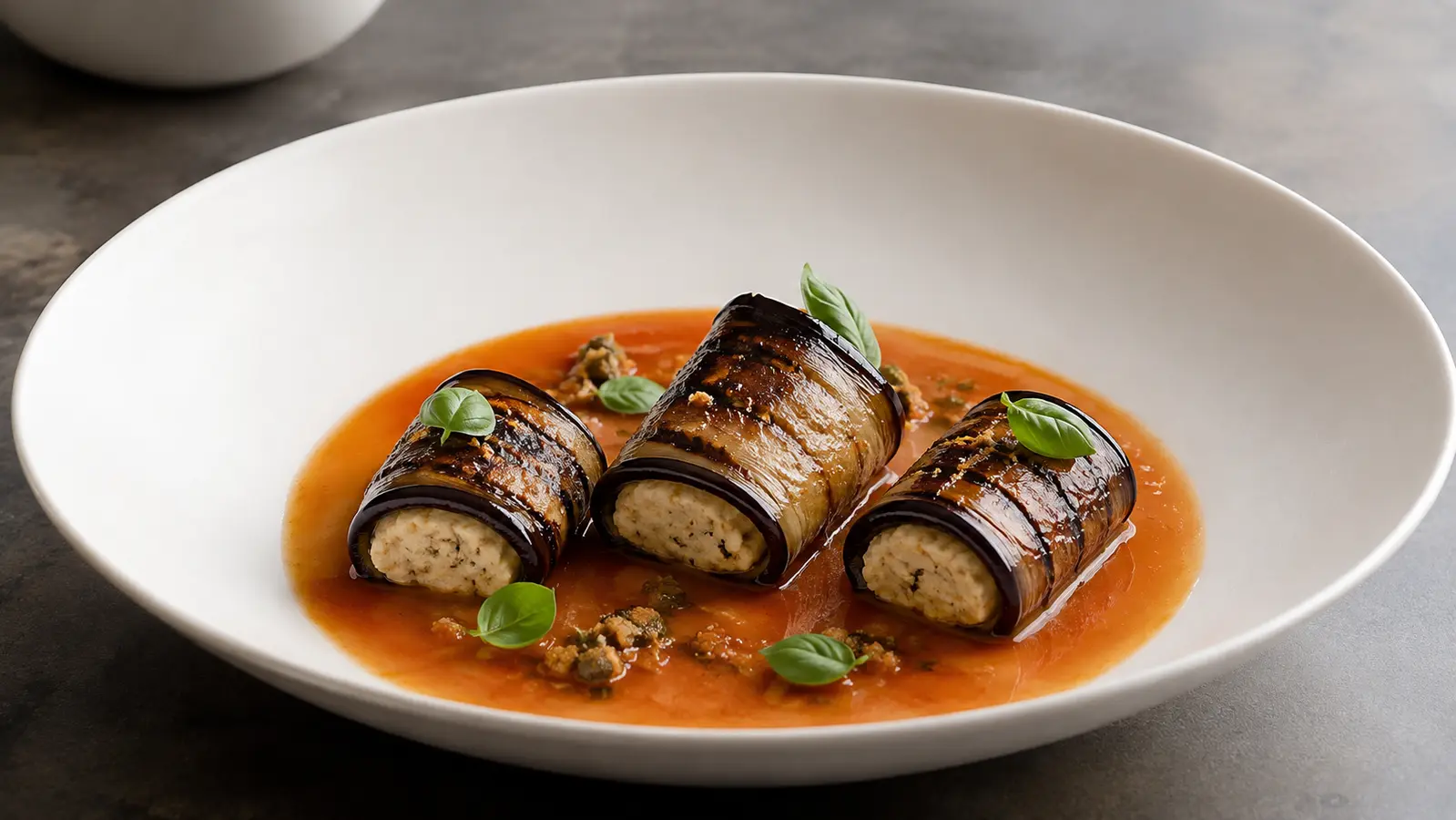 Charred vegan eggplant involtini filled with almond ricotta in clear tomato broth with caper crumb and basil
