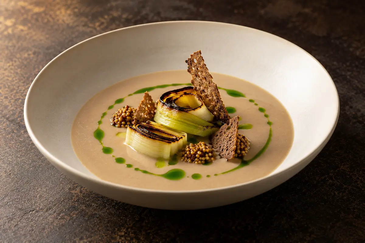 Charred leek and chestnut velouté in a wide ivory bowl with mustard seed relish, upright rye crisps and bright green chive oil.