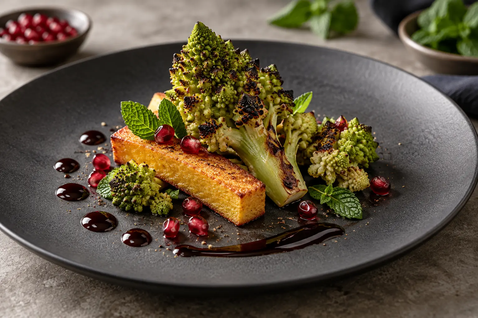 Charred Romanesco florets leaning over crisp chickpea panisse with pomegranate molasses, mint and ruby pomegranate arils on a charcoal plate