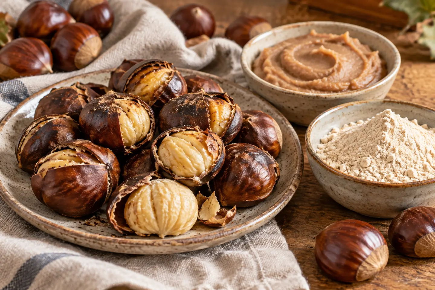 Roasted sweet chestnuts split open to show their pale, floury interiors beside a small bowl of chestnut purée and chestnut flour